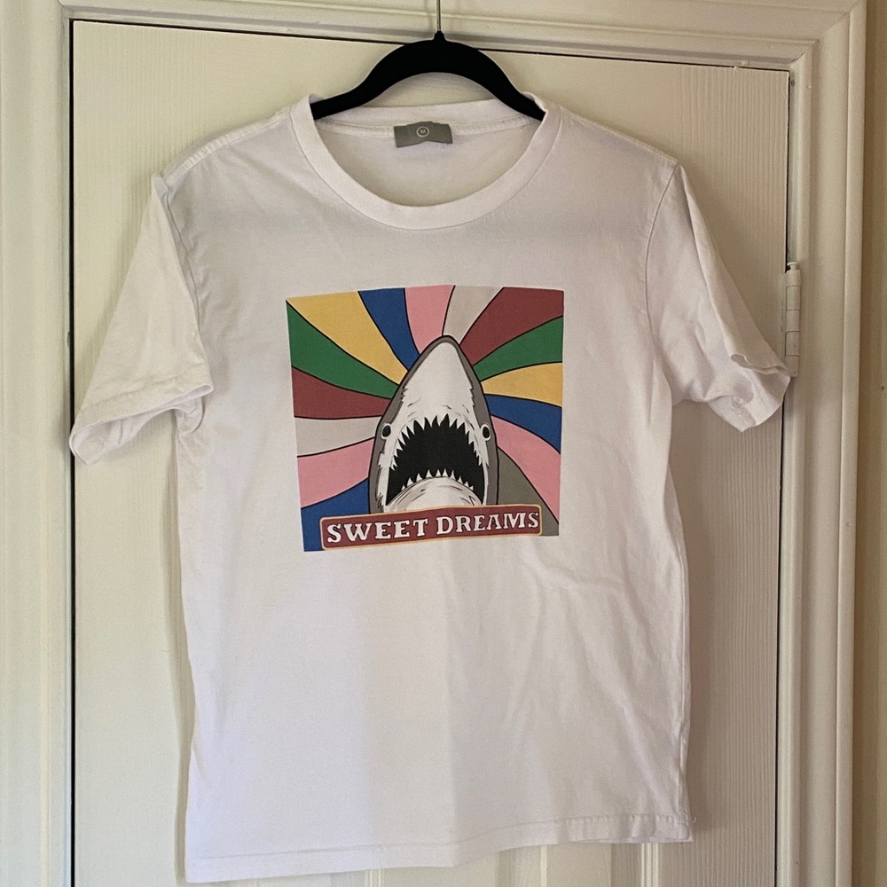 White Graphic Tee with JAWS Shark Design